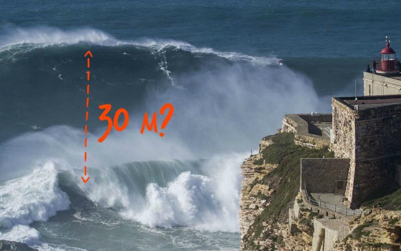 Гигантские волны в назаре, португалия Маяк в португалии большие волны